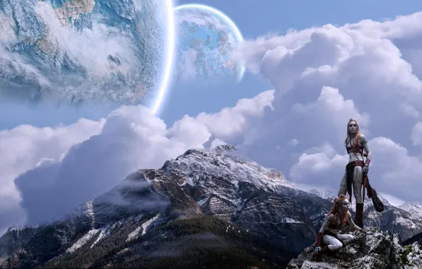 Clouds, girls, planet, Mountains