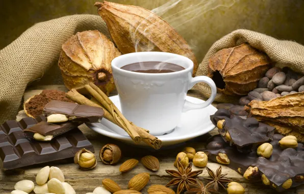 Coffee, chocolate, mug, drink, nuts, cinnamon, smoke, star anise