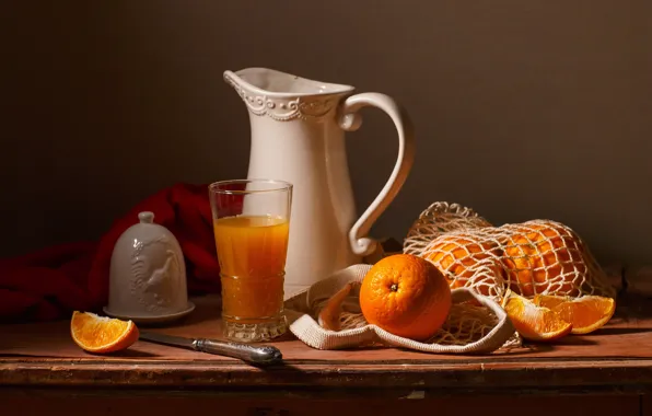 Light, glass, table, mesh, oranges, juice, knife, dishes