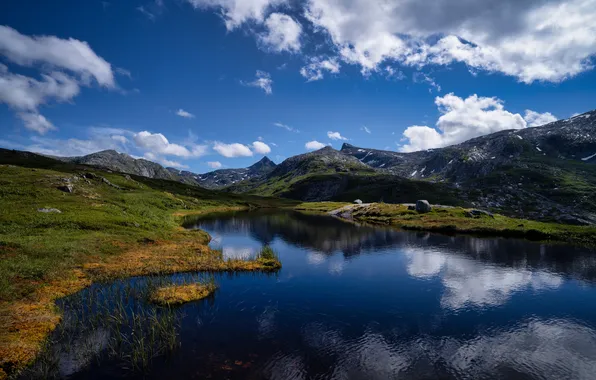 Mountains, lake, Norway, The Lofoten Islands