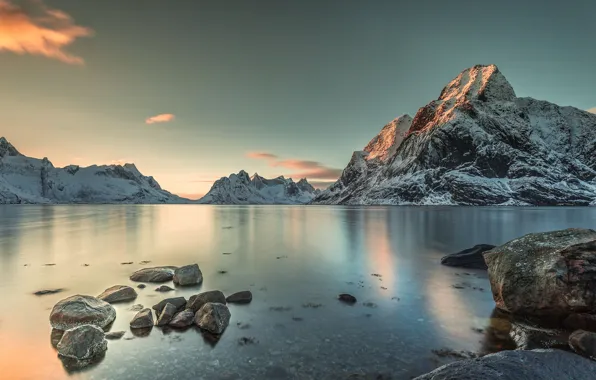The sky, snow, landscape, mountains, shore, Norway
