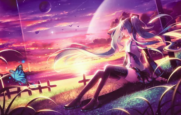 Butterfly, dreams, sunset, birds, planet, anime, Hatsune Miku, Vocaloid