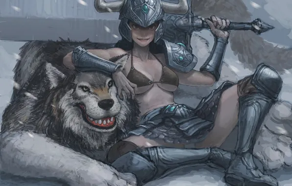 Winter, girl, snow, wolf, sword, art, grin, horns