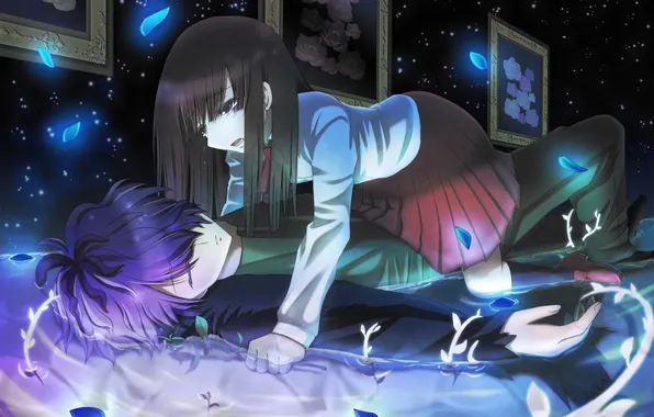 Picture water, girl, stars, flowers, night, anime, petals, tears