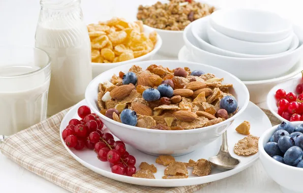 Berries, Breakfast, milk, nuts, currants, almonds, cereal, blueberries