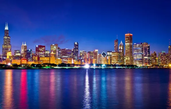 Night, lights, skyscrapers, Chicago, USA, Chicago, Illinois, megapolis