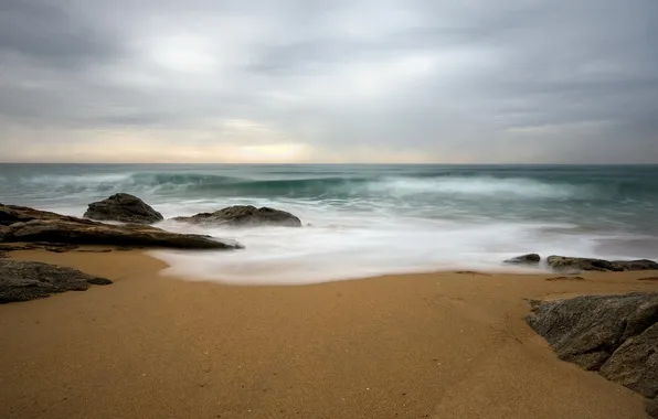 Wave, the sky, stones, the ocean, shore, coast, landscapes, stone