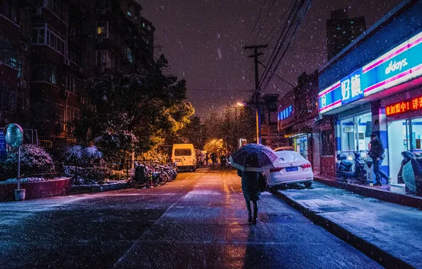 Winter, road, the sky, snow, trees, city, the city, lights