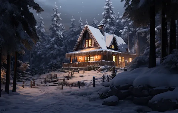 Winter, forest, snow, night, house, Christmas, New year, house