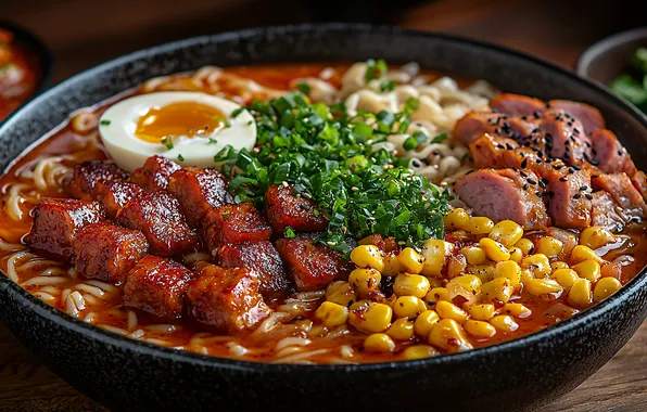 Greens, egg, food, corn, bow, meat, pieces, bowl