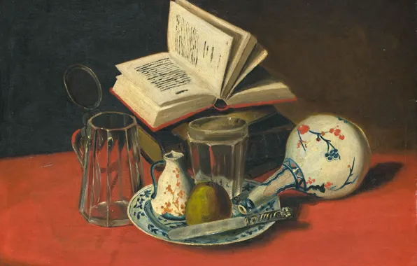 Table, picture, plate, knife, book, Still life, J. de Clercq