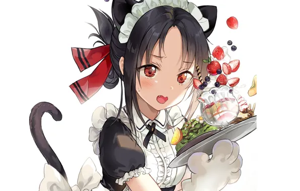Picture berries, tail, bows, uniform, the maid, cake, tray, ruffles