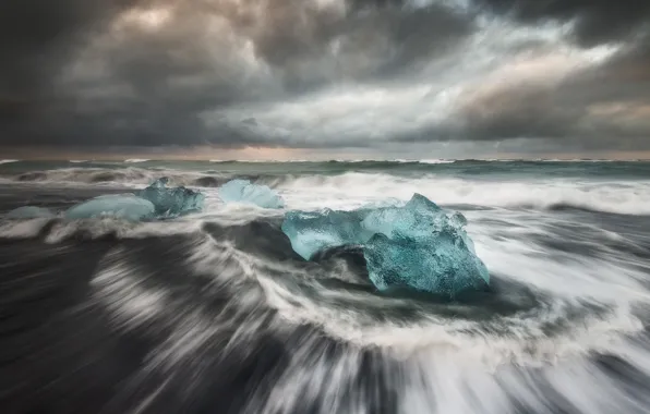 Winter, sea, wave, the sky, clouds, shore, ice, surf