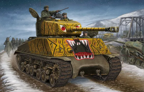 Picture war, art, painting, tank, m4a3 Sherman