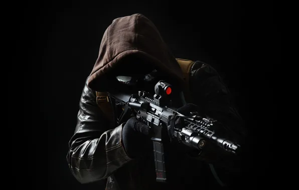 Weapons, hood, male, leather jacket, assault rifle
