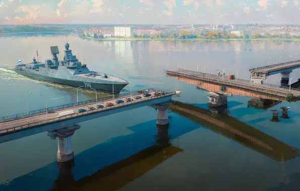 Picture Sea, Bridge, Ship, Machine, Art, Nikolaev, day of Russia, New territories of Russia