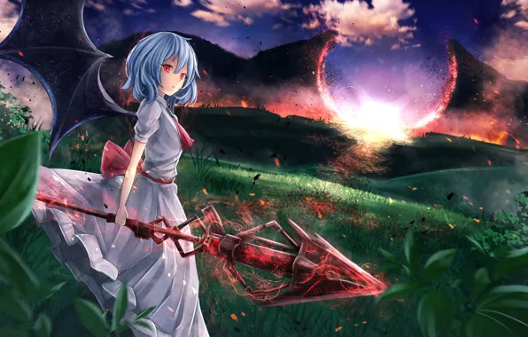 Picture the sky, girl, clouds, landscape, sunset, nature, weapons, magic