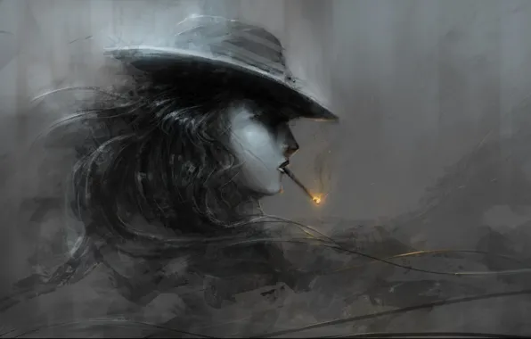 Girl, fire, hat, art, cigarette, profile, black and white