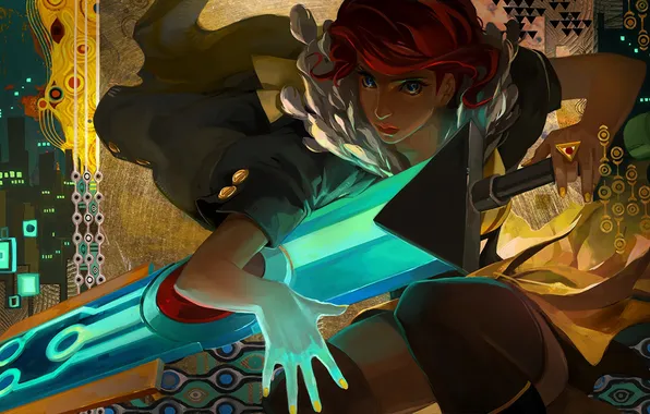Girl, glow, sword, art, Transistor