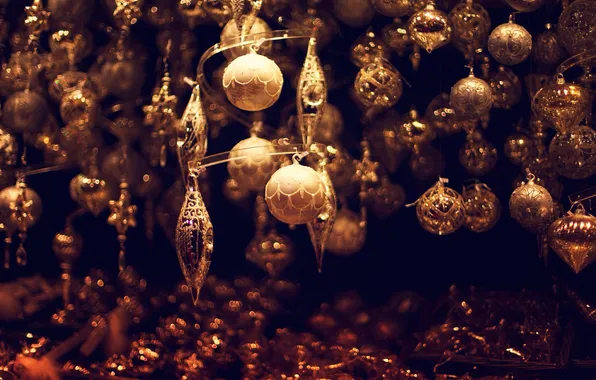 Picture winter, balls, toys, New Year, Christmas, Christmas, gold, holidays
