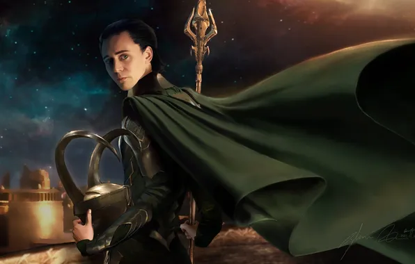 The sky, God, helmet, spear, cloak, Loki
