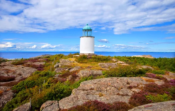 Sea, the sky, clouds, rocks, lighthouse, Sweden, Vastra Gotaland County