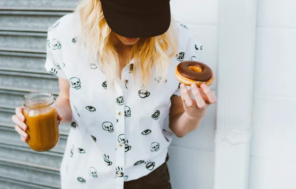 Blonde, shirt, donut, peanut butter