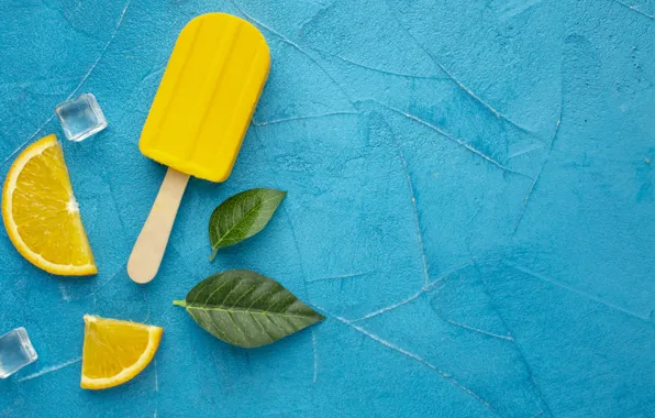 Leaves, ice cream, yellow, dessert, lemons, Popsicle, blue background, delicious