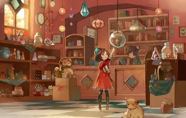 Cat, toys, watch, books, aquarium, fish, piggy, girl