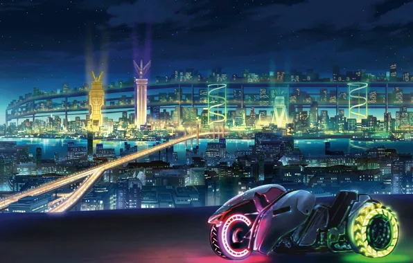 Lights, Night, The city, Future, Bike, Motorcycle, Fiction