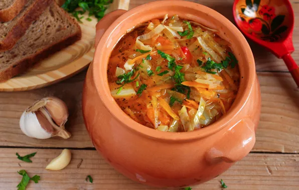 Picture bread, pot, cabbage, garlic, soup