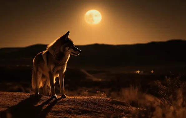 Light, night, nature, the moon, wolf, twilight, digital art, AI art