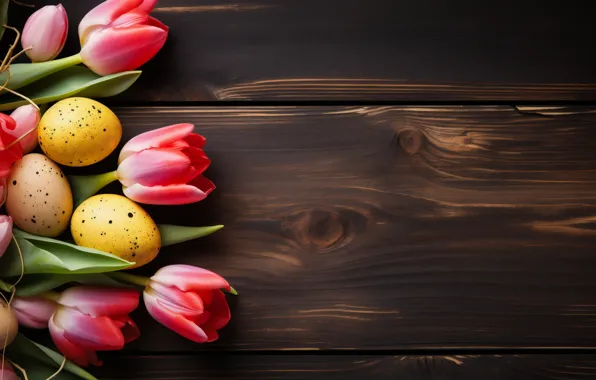 Flowers, the dark background, Board, eggs, bouquet, spring, Easter, tulips