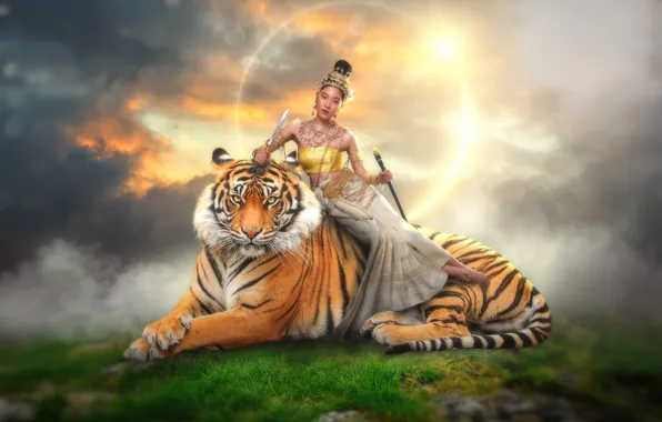 The sky, look, girl, clouds, light, decoration, tiger, pose