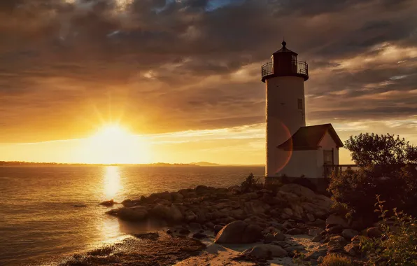 Sea, the sun, clouds, rays, light, sunset, clouds, stones