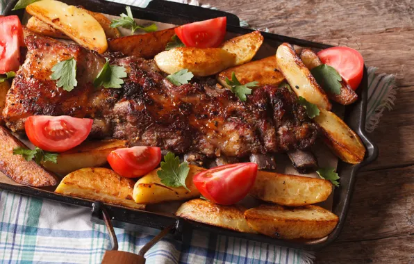 Meat, tomatoes, potatoes