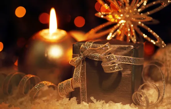 Lights, holiday, gift, new year, candle, tape, the scenery, snowflake