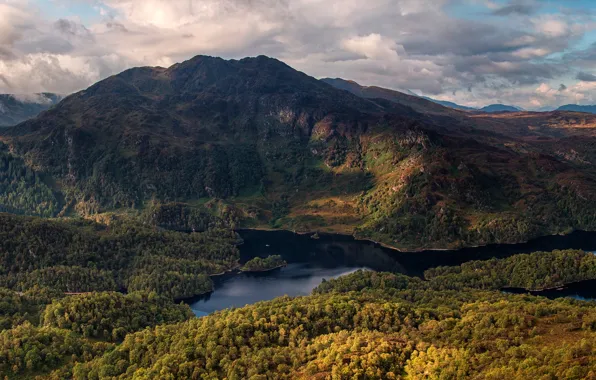 Picture forest, clouds, trees, mountains, river, Scotland, panorama
