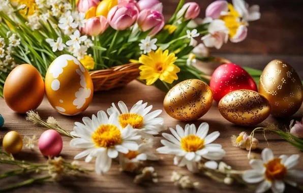 Flowers, eggs, spring, colorful, Easter, happy, flowers, spring