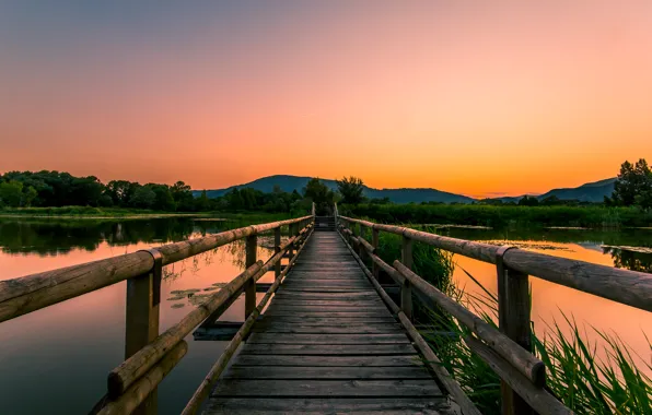 Bridge, river, Sunset, evening.