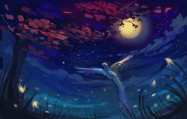 The sky, night, tree, bird, art