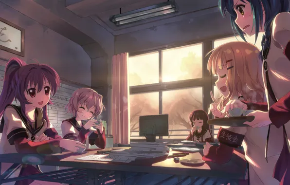 Picture computer, girls, anime, blush, computer, purple eyes, yuuki tatsuya, sitting