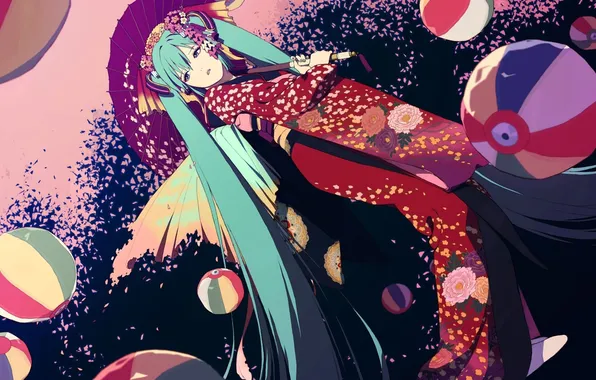 Girl, hair, Vocaloid, Hatsune Miku, kimono.
