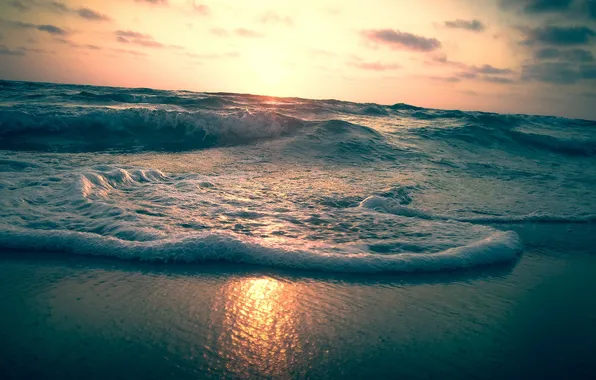 Picture wave, beach, clouds, sunset, horizon, orange sky