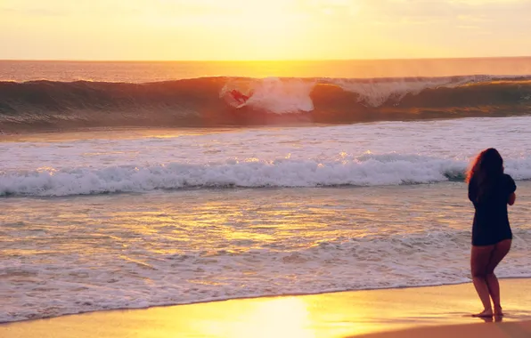 Wave, beach, ass, the sun, sunset, feet, woman, surfer