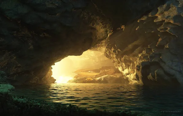 Picture light, fantasy, water, dragon, sleep, cave