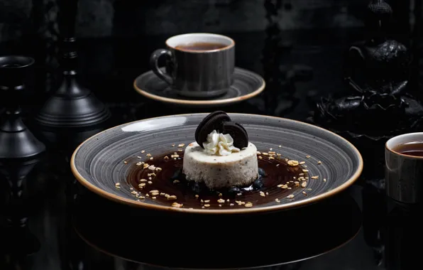 Tea, plate, ice cream, Cup, cake, dessert, syrup, Oreo