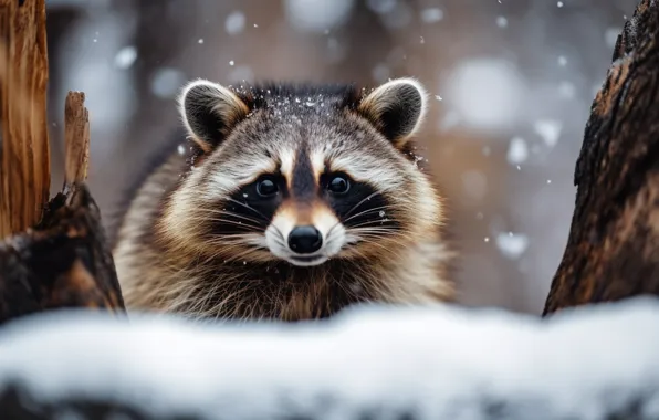 Winter, snow, portrait, raccoon, face, digital art, AI art, neural network