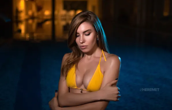 Swimsuit, sexy, pose, model, wet, pool, makeup, hairstyle