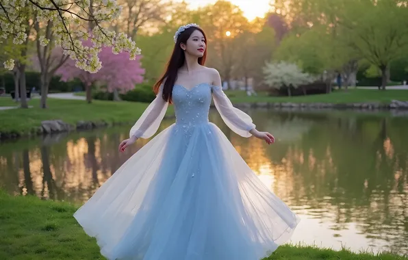 Girl, lake, pond, Park, Chinese, Asian, blue dress